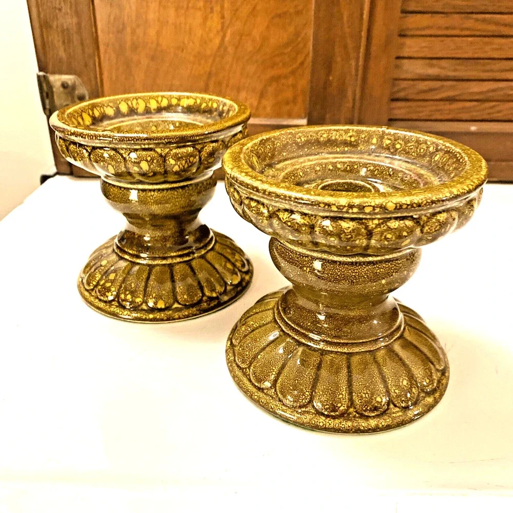 VTG Mid Century Candle Holder Pair Taper Pillar Pottery Ceramic Mottled Green